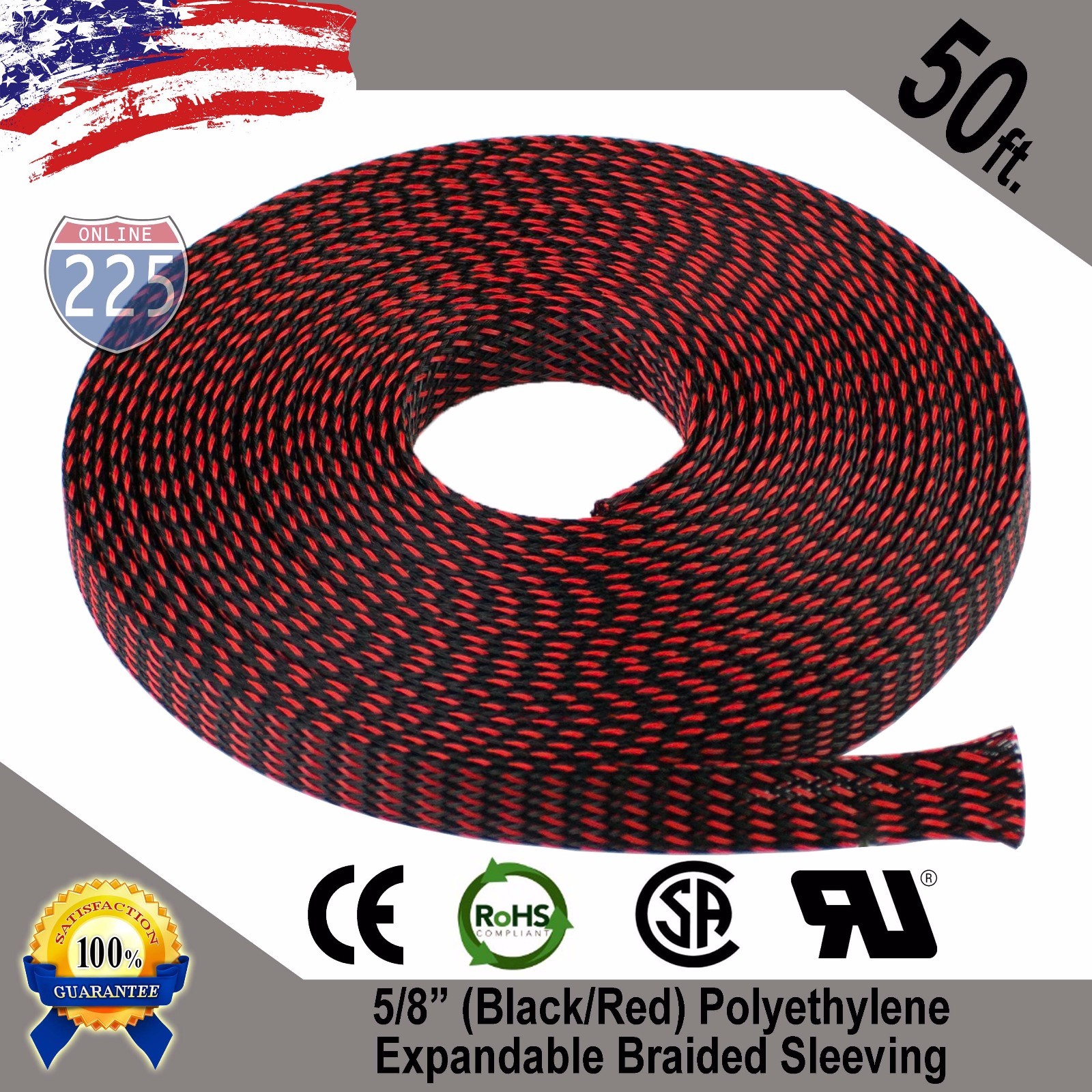 50 FT. 5/8" Black Red Expandable Wire Sleeving Sheathing Braided Loom Tubing US