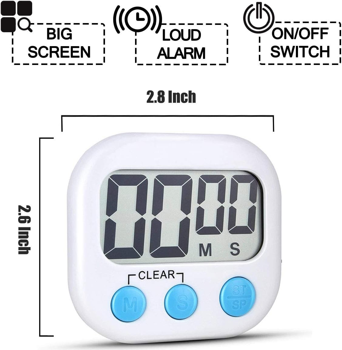 Big Digit Dual Set Kitchen Timers with Loud Alarm & Memory Function - White