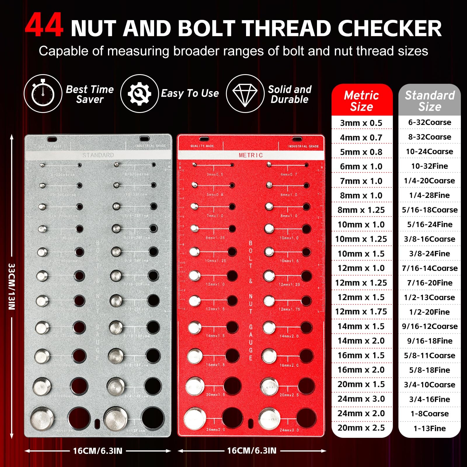 44 PCS Nut Bolt Thread Checker Standard Metric Size Gauge Wall Mount Ruler