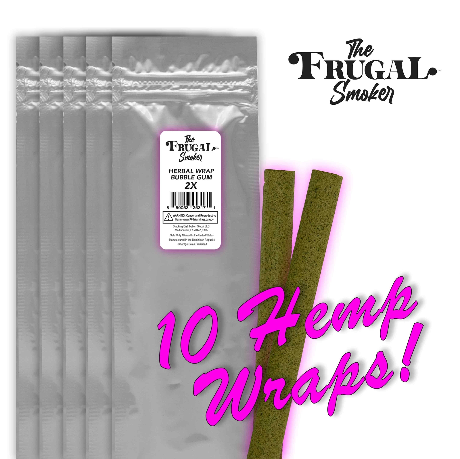 Frugal Smoker Herbal Wraps BUBBLE GUM 2 Wraps Per Pack (5 Pack) 10 Wraps Total!