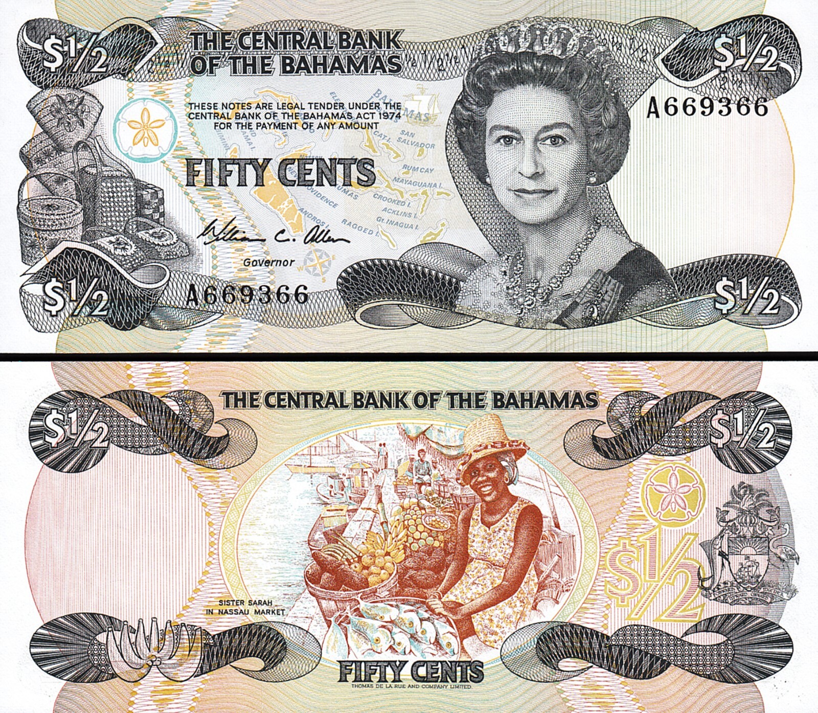 Bahamas 50 Cents 1/2 Dollar, 1974 (1984), aUNC/UNC, P-42, QUE II
