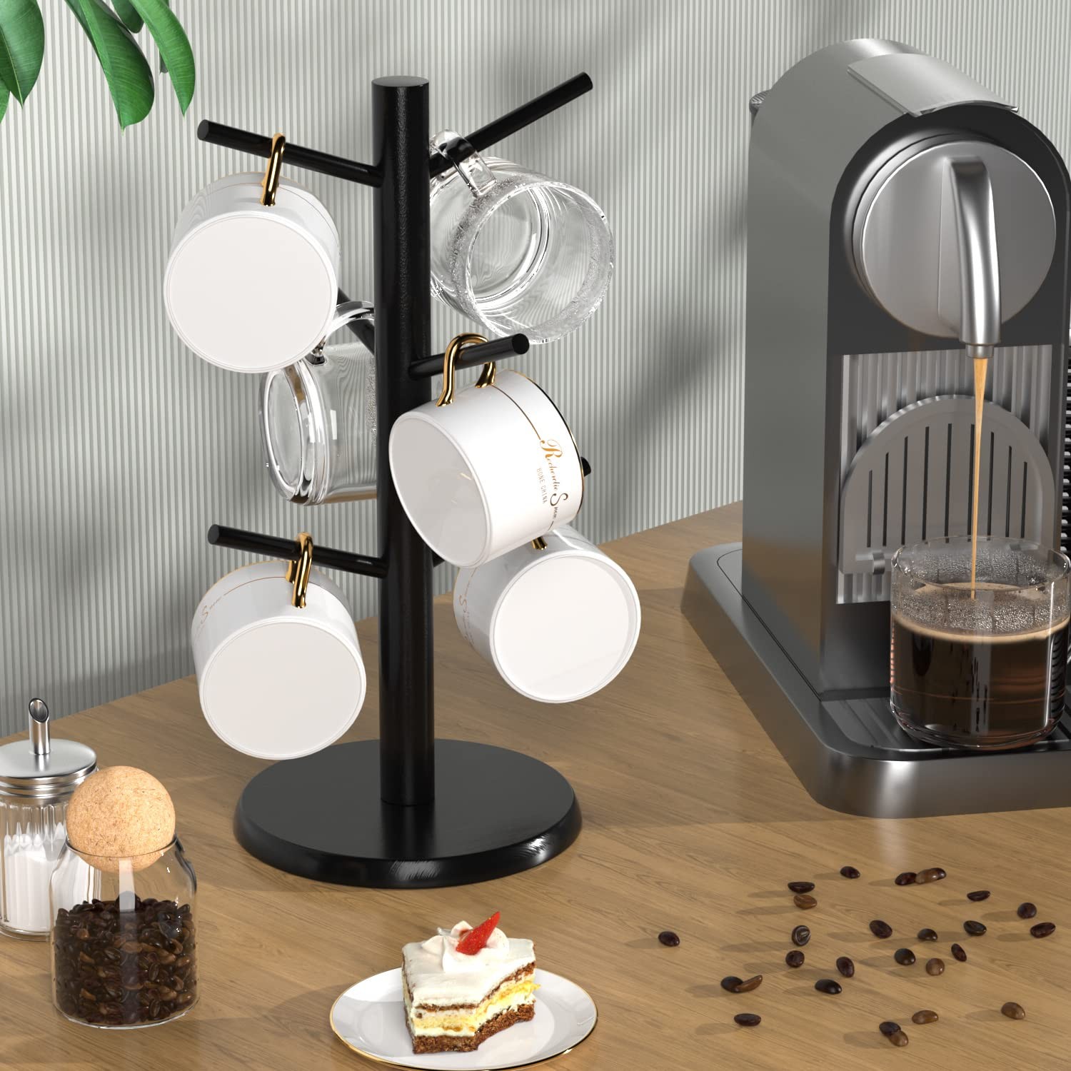 Wisuce Bamboo Coffee Mug Holder Tree, Thicker Base Cup Rack, Black