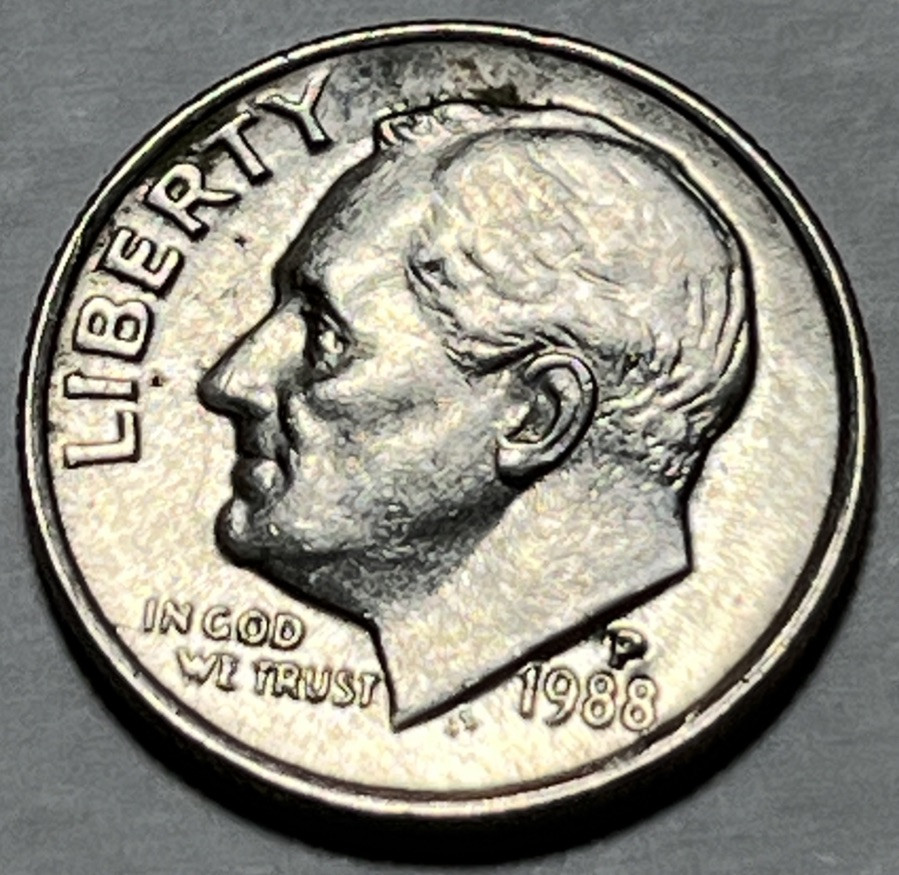 1988 P Roosevelt Dime Errors Strike Through Grease DDO Slight Doubling #3