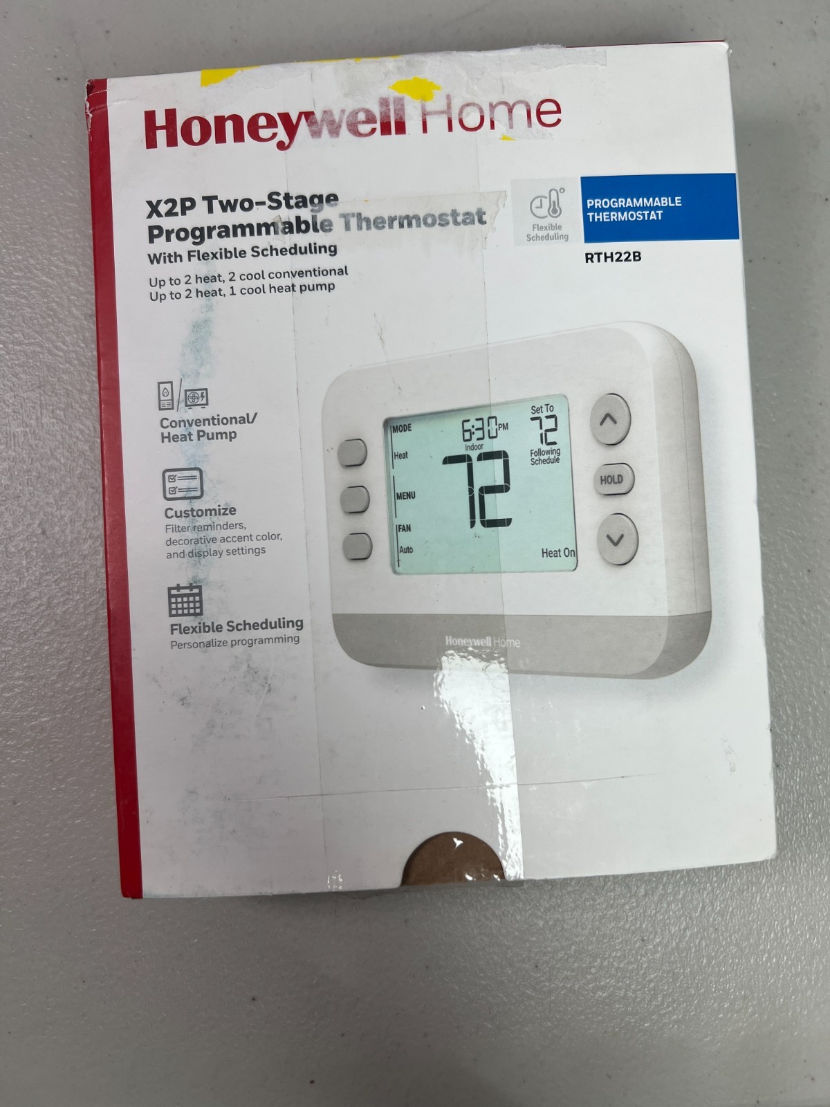 Honeywell Programmable Thermostat, Conventional/Heat Pump Compatibility RTH22B