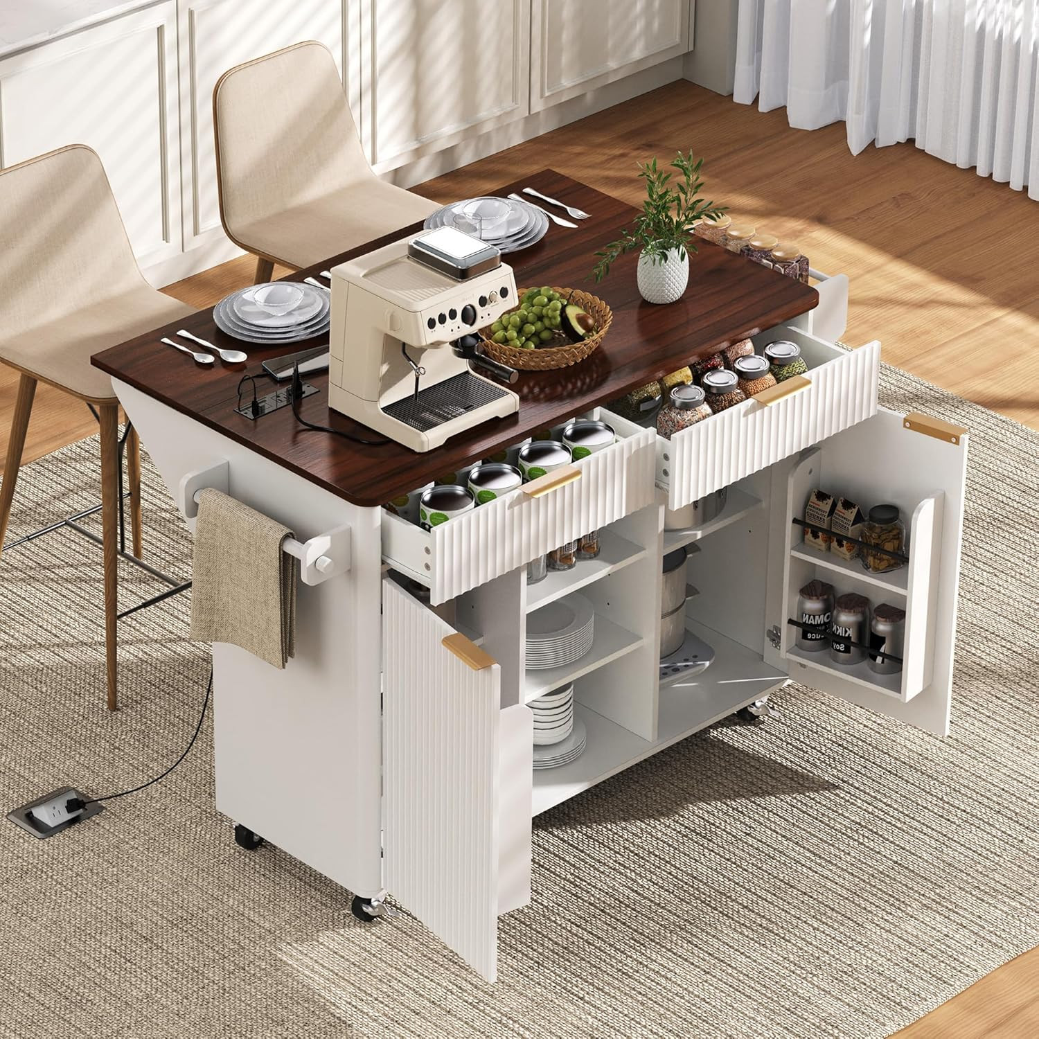 Farmhouse 52" Rolling Kitchen Island with Drop Leaf, Power Outlet & Marble Top