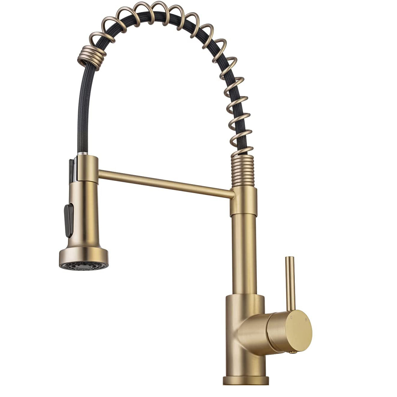 Brushed Gold Kitchen Faucet with Pull Down Sprayer Single Handle Spring Faucet