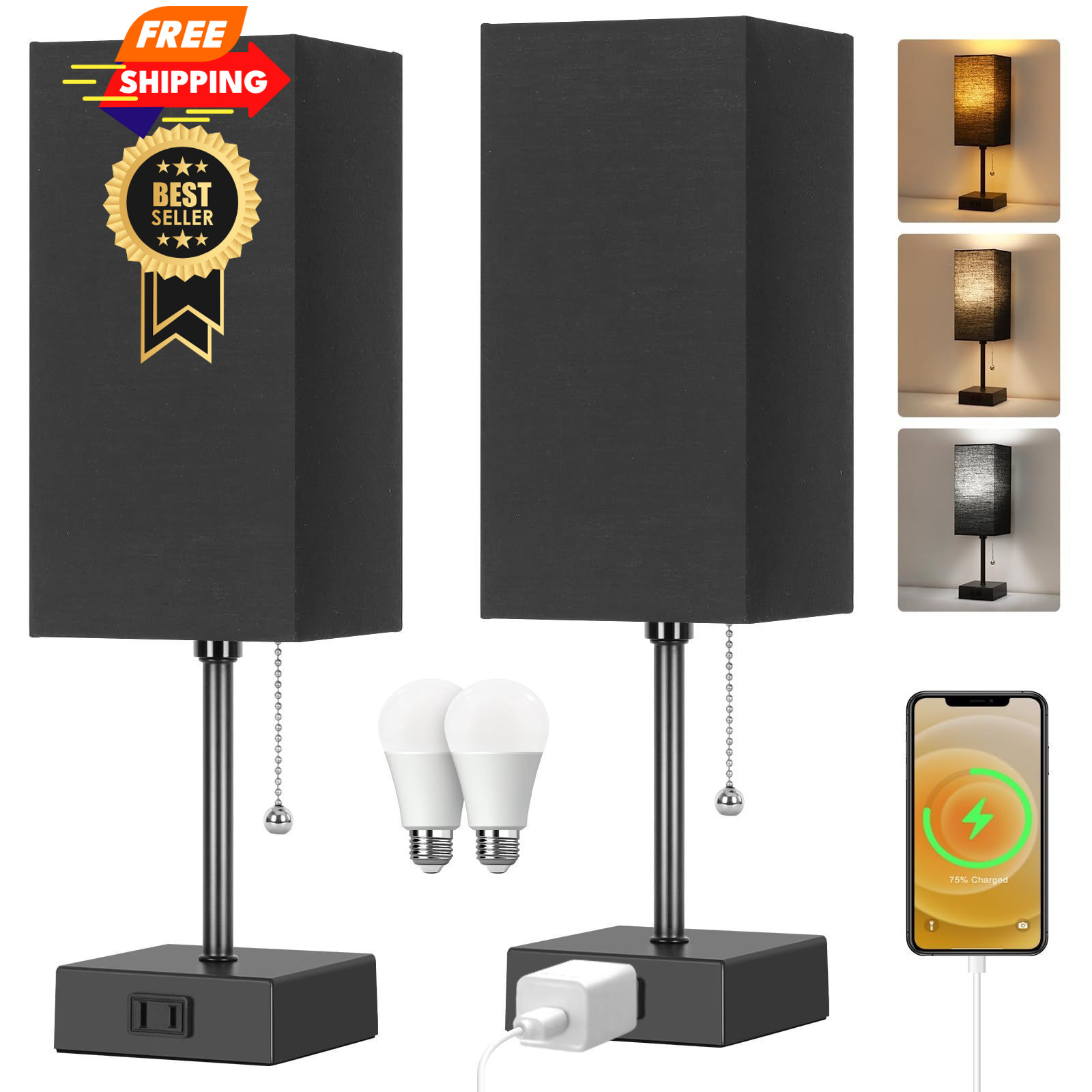 Table Lamp for Bedroom set of 2,3-Color Bedside Lamps 15inch, Black+black