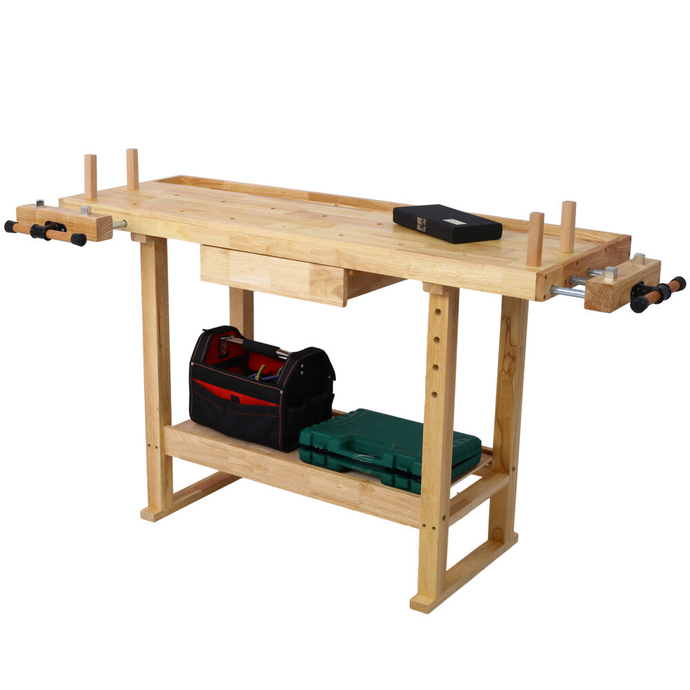 55Inch Wood Workbench Natural Garage Workshop Workbench with Bar Clamps Set
