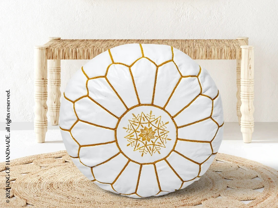 Moroccan Handmade Genuine Leather Boho Pouf Ottoman Footstool Pouffe White
