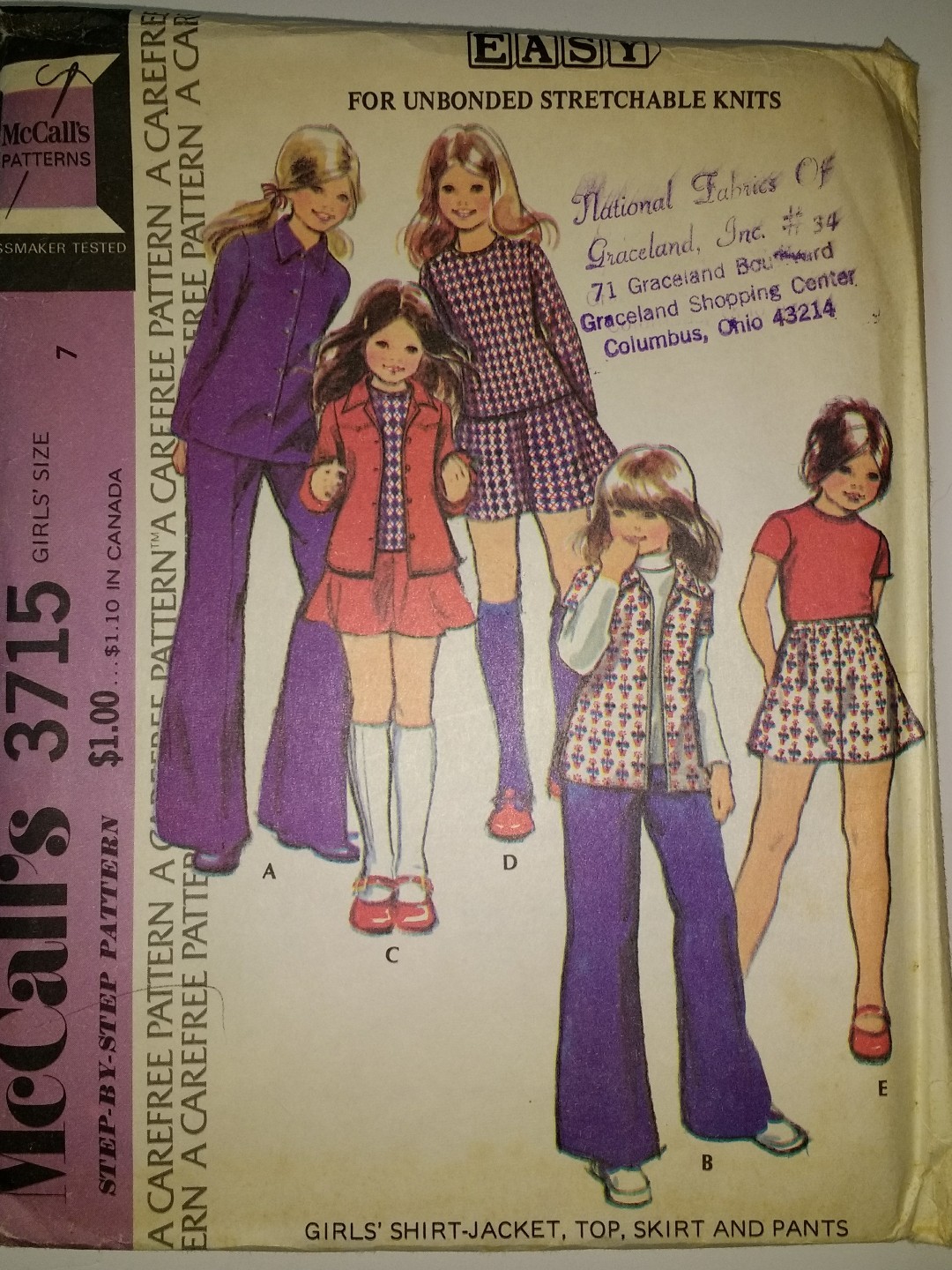 McCall's 3715 Size 7 Girls' Shirt-Jacket Top Skirt Pants Stretch Knits
