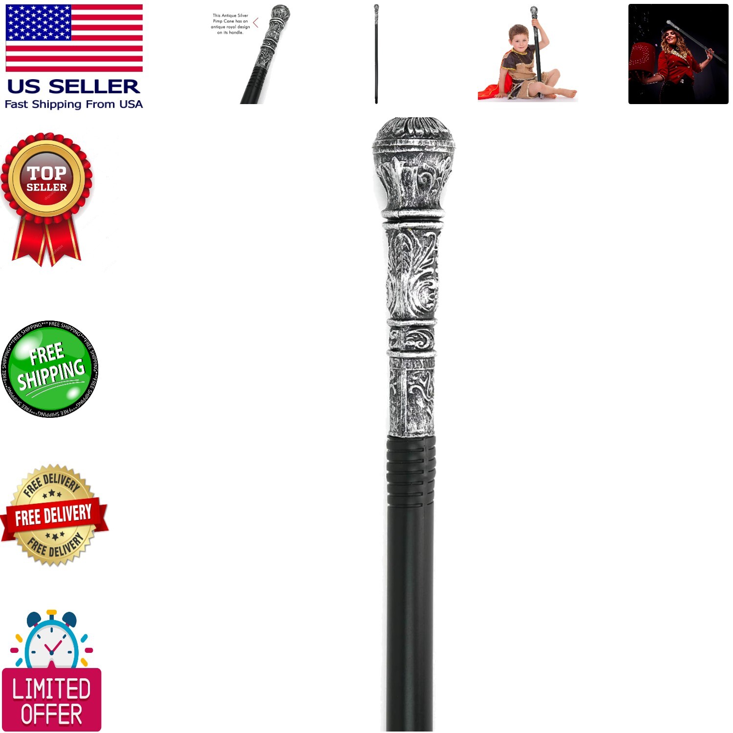 Elegant Antique Silver Walking Cane – Adjustable Costume Accessory for All Ages