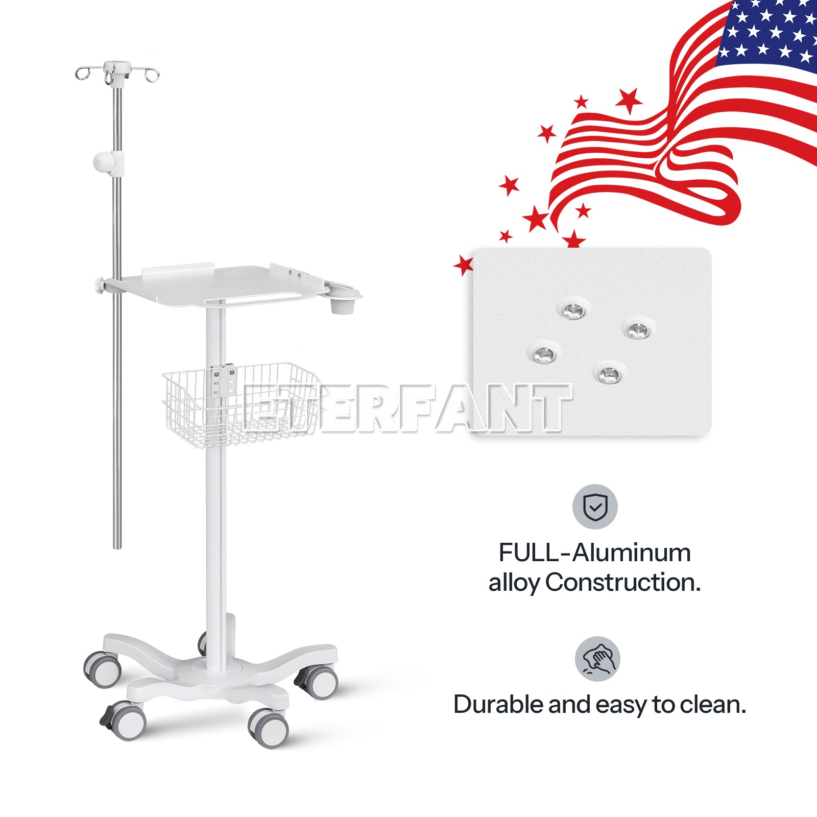 Medical Rolling Trolley for Ultrasound Imaging w/Silicone Holders/Infusion Stand