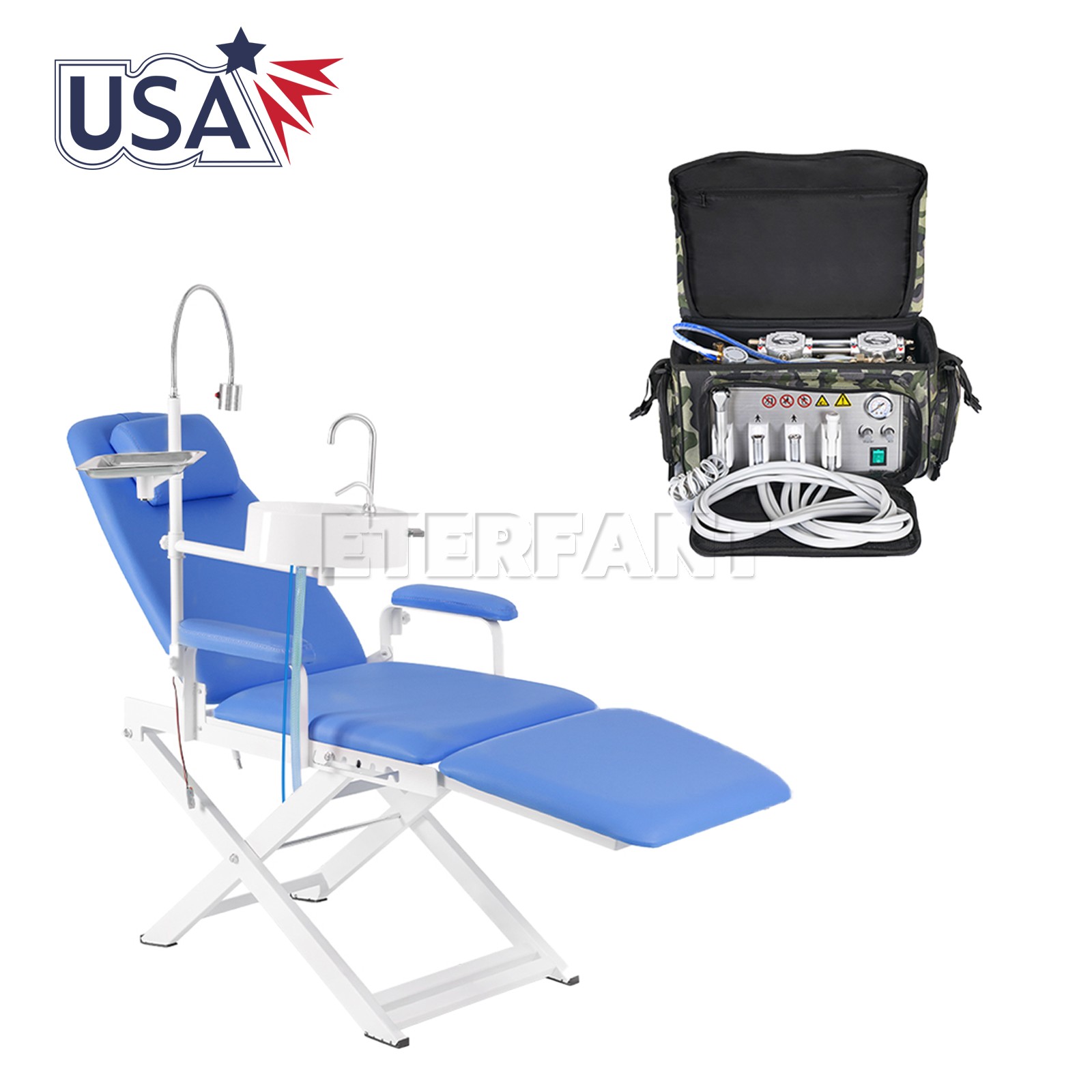 Dental Mobile Folding Chair+LED Light/Delivery Unit Bag Suction Air Compressor