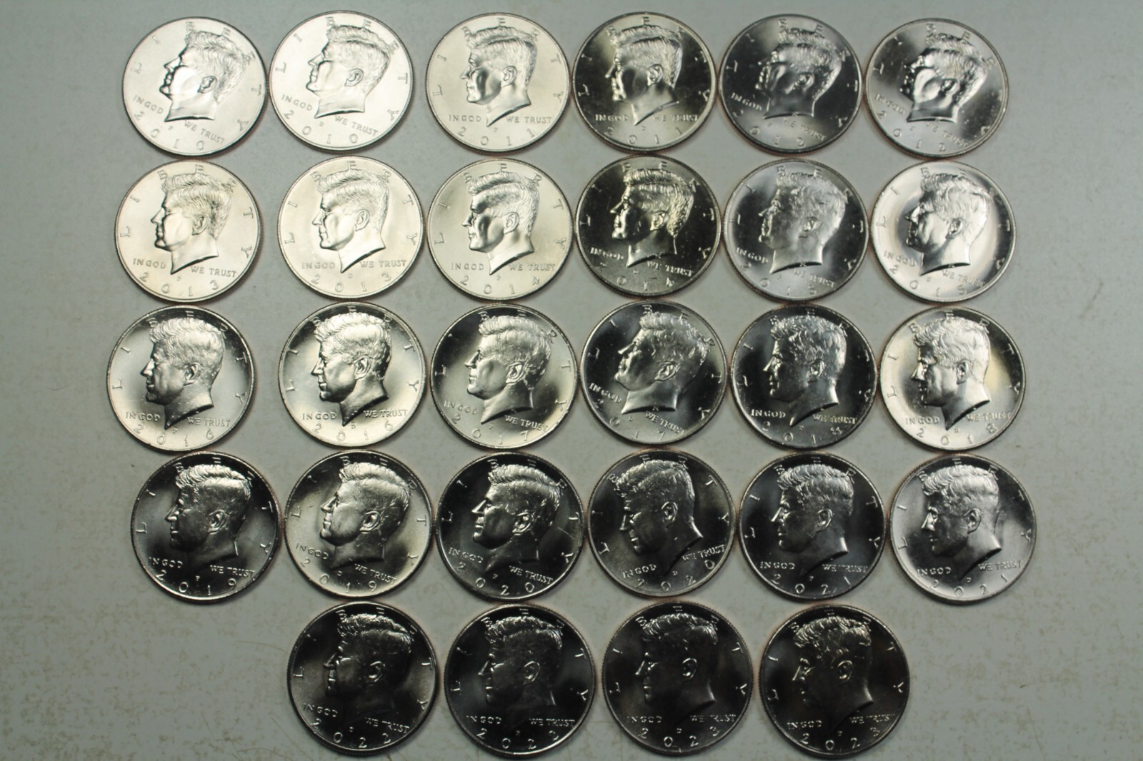 2010 - 2023 P&D Kennedy Half Dollar. Gem Brilliant Uncirculated  Mint Roll Set