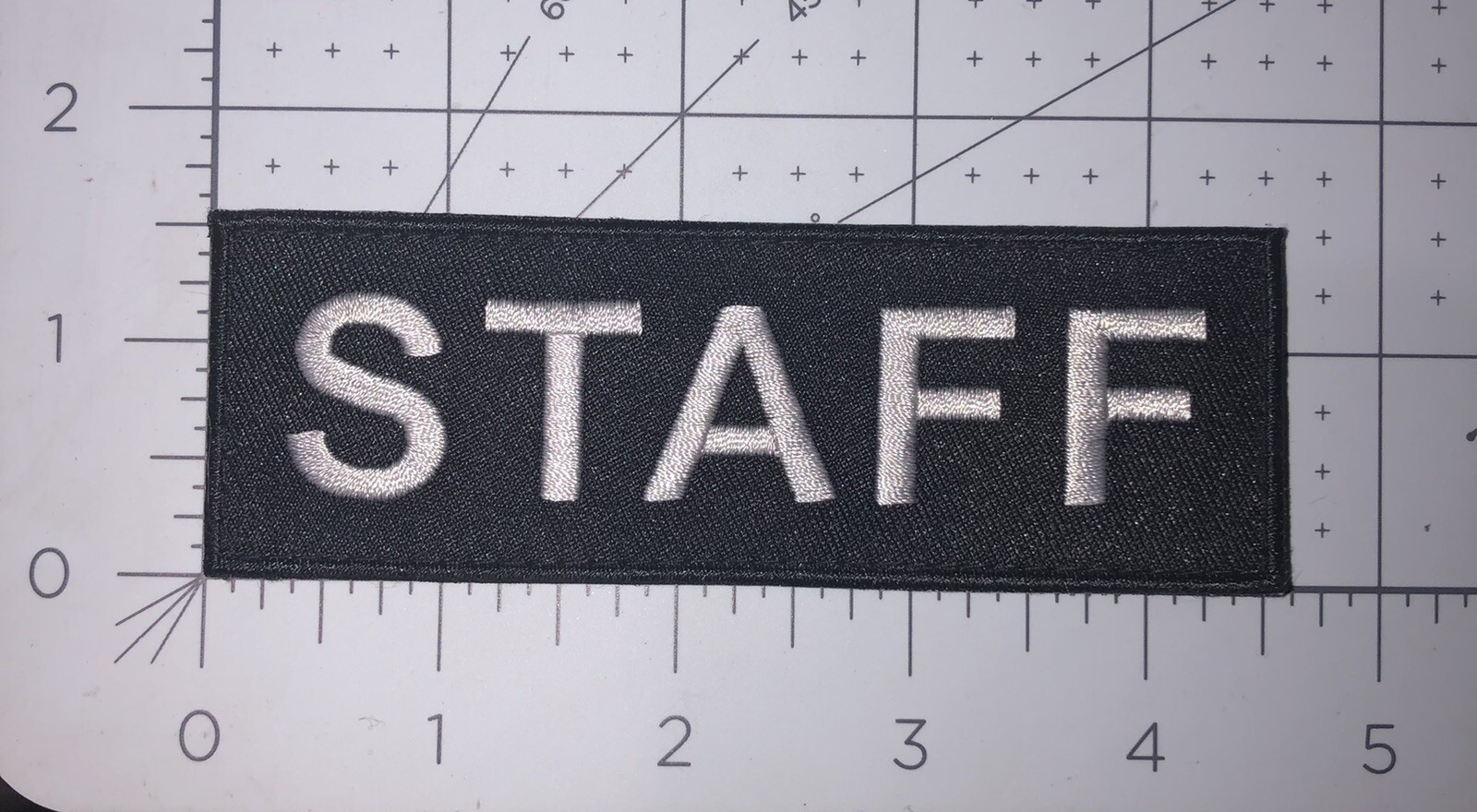 STAFF Embroidered Patch gray on black 1.5”x4.5” hook back