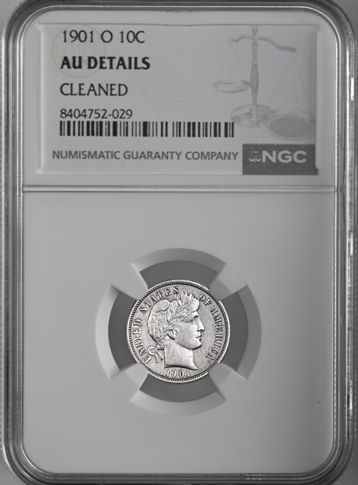 1901-O  10C BARBER SILVER DIME  NGC AU DETAILS  "CLEANED"  #8404752-029