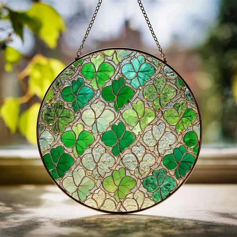 Happy St Patricks Day Stained Glass Suncatcher Shamrock Window Decor Gift