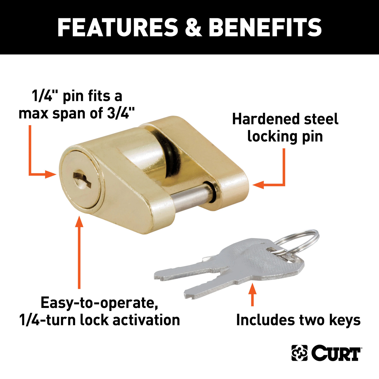Curt Coupler Lock (1/4" Pin, 3/4" Latch Span, Padlock, Brass-Plated)
