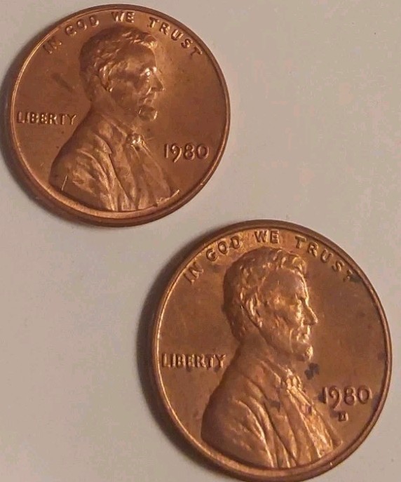 Phily & Denver Lincoln Memorial 2 Coin BU Red 1980 Cent Set Free Post Tracking