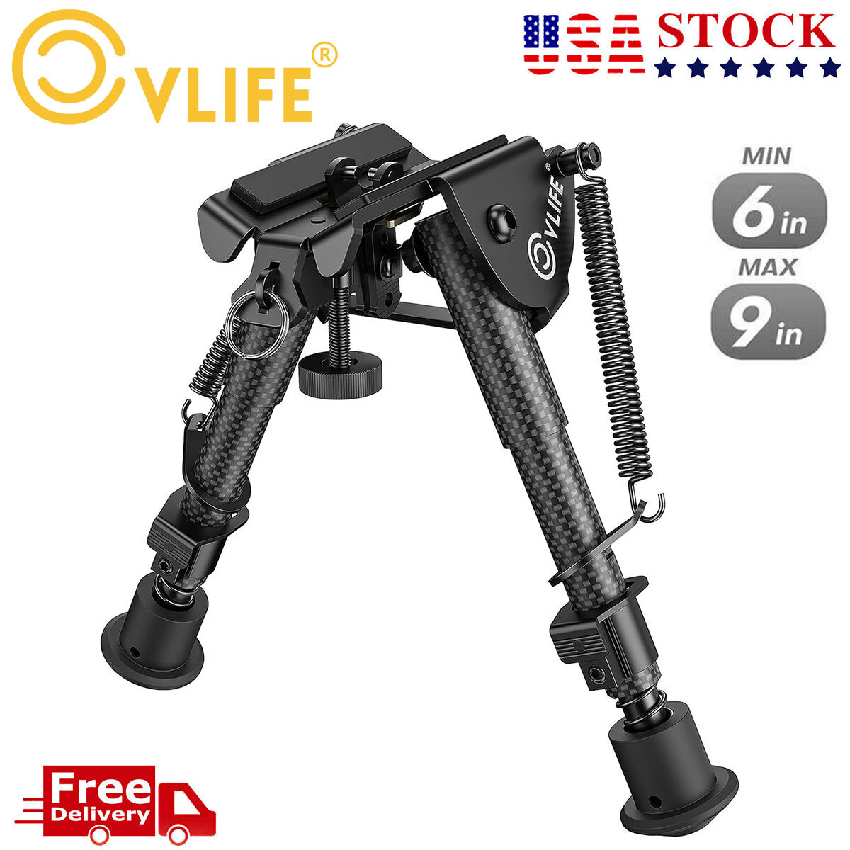 6" - 9" Spring Return Rifle Bipod Carbon Fiber Sling Stud Mount Hunting Shooting