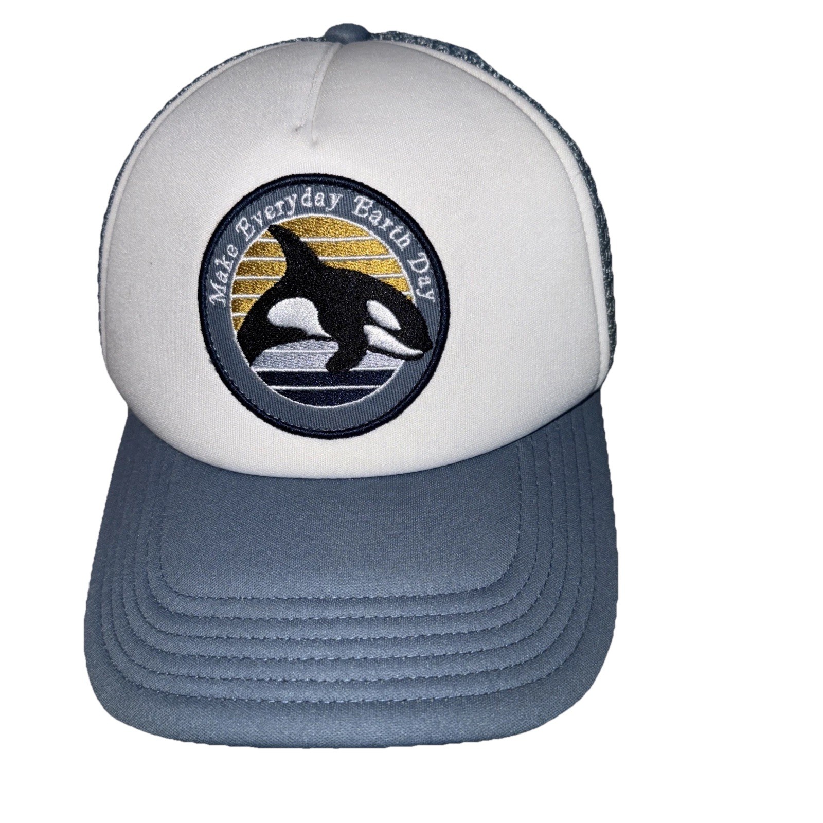 Make everyday Earth Day Killer Whale Patch on Pwd Blue Trucker Hat Cap snapback