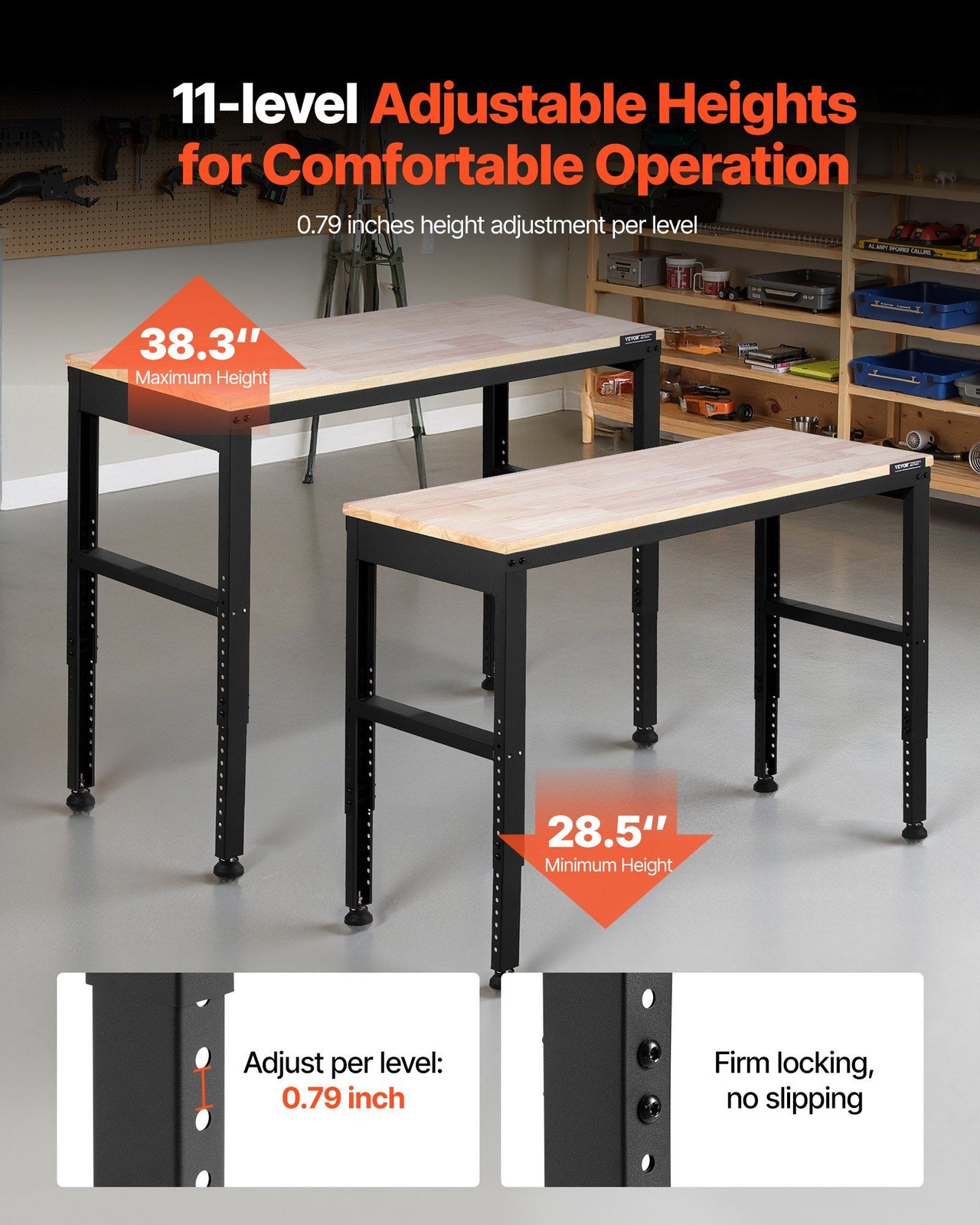 Workbench 48x20in 2000lb Capacity Height Adjustable 28.5-38.3 inch
