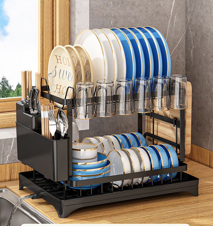 2-Tier Dish Drying Rack for Kitchen Countertop Detachable Double Layer Drain UK