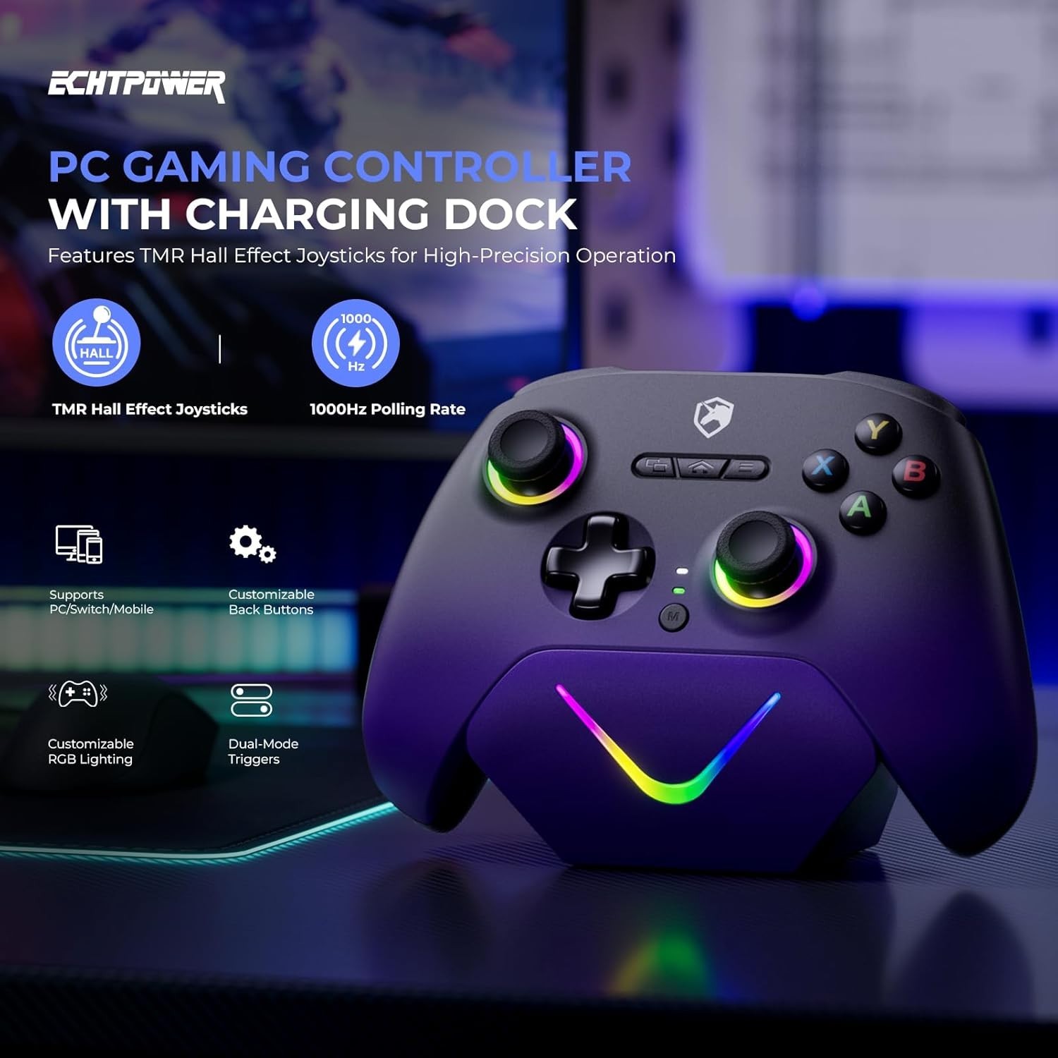 Upgrated PC Gaming Controller TMR Hall Effect Joysticks Anti-Drift & Dual Tri...