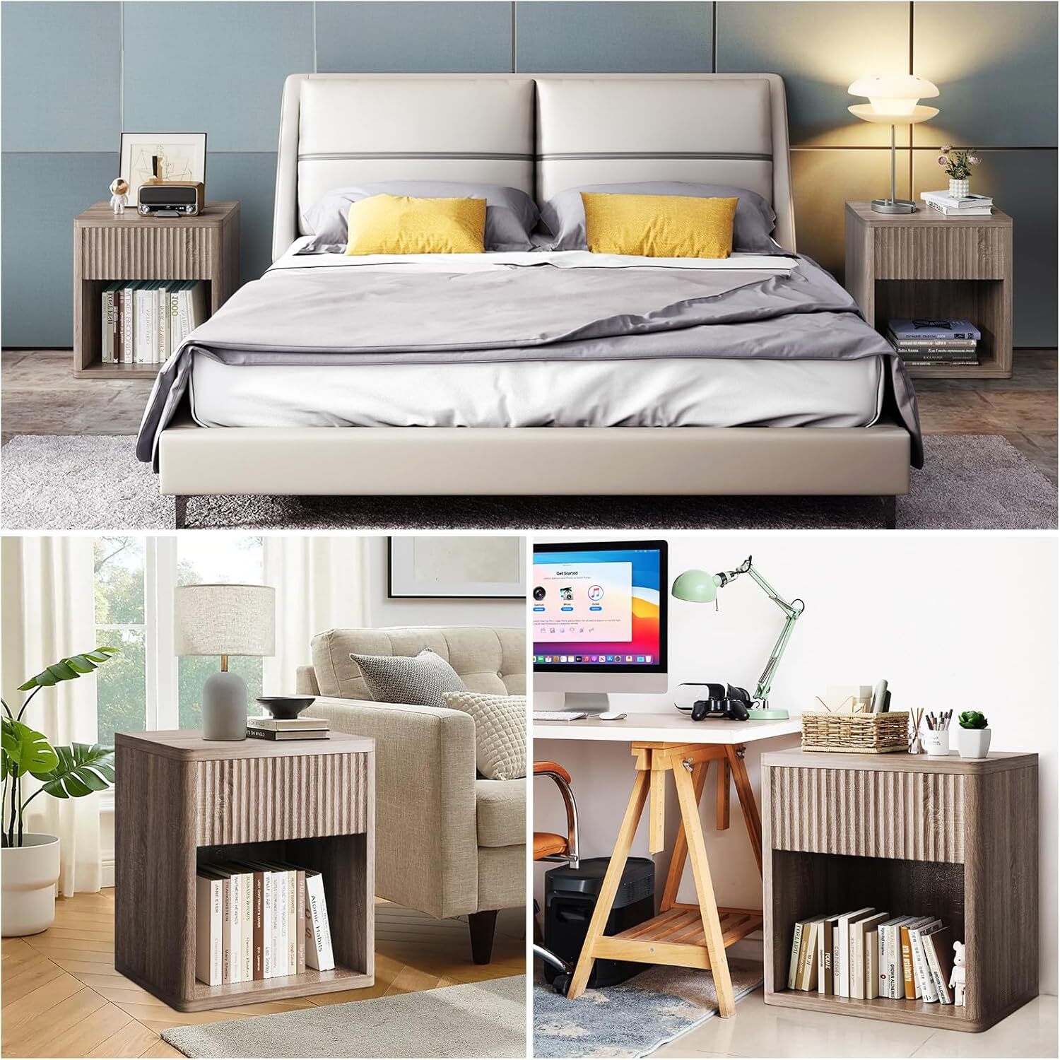 Fluted Nightstand Set of 2, Farmhouse Nightstand End Side Table for Living Room