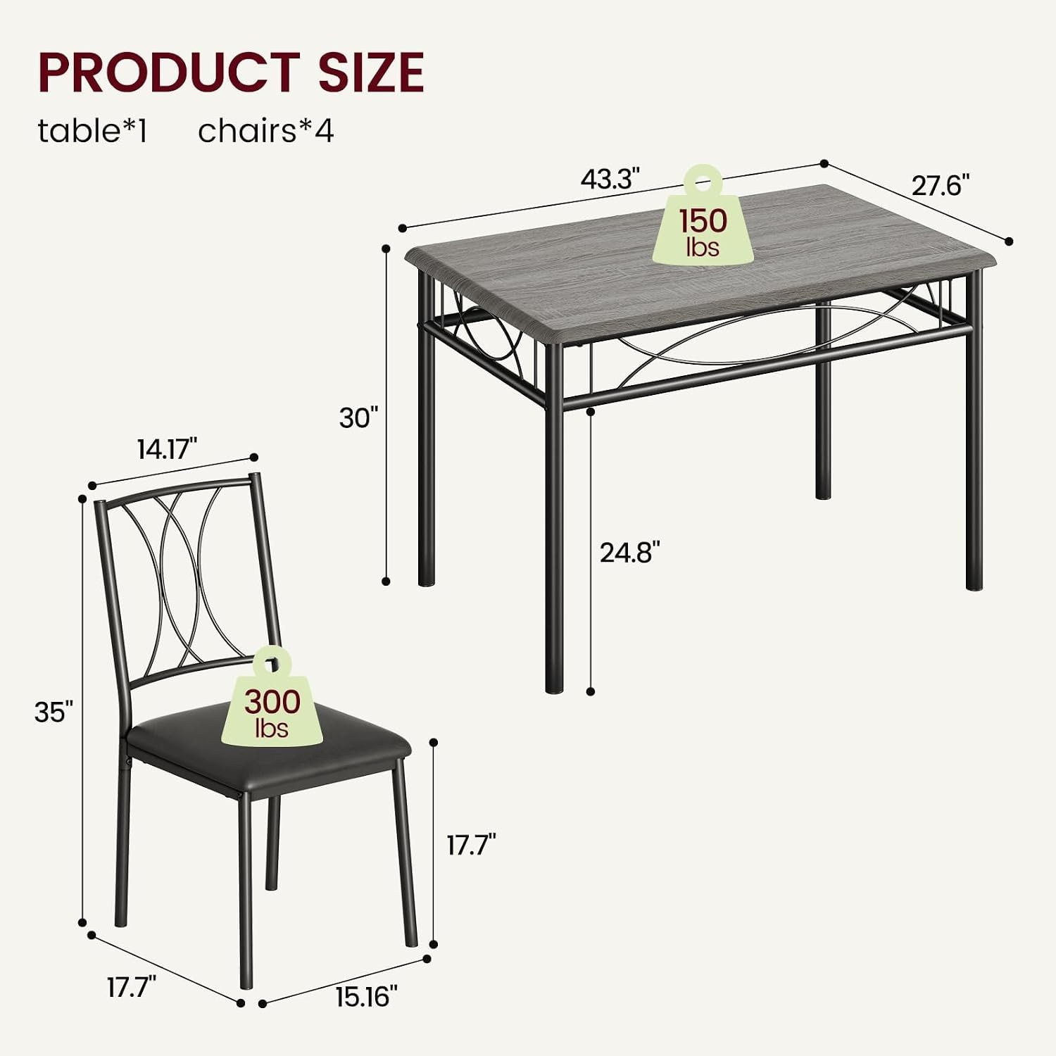 Dining Table Set, 5 Piece Rectangle Dining Kitche Table Set for 4 with 4