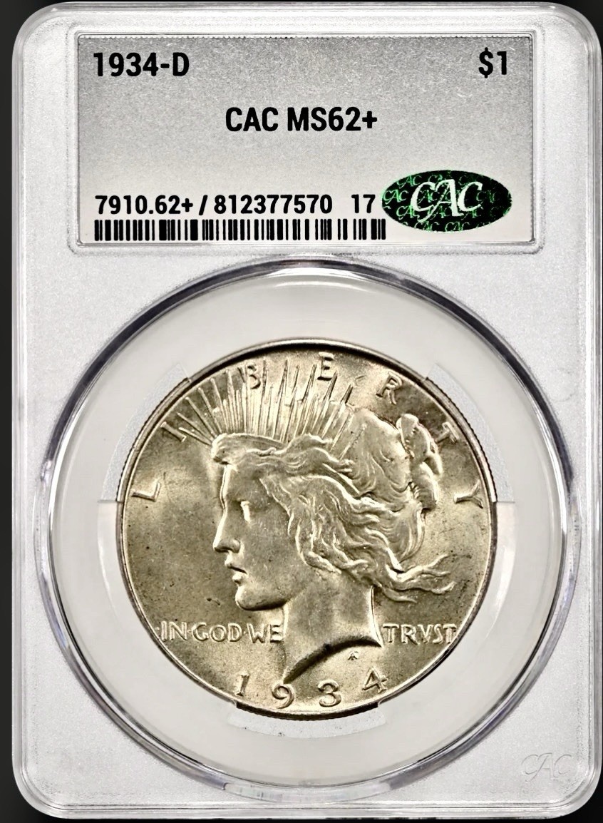 1934 D PEACE SILVER DOLLAR CACG MS62+