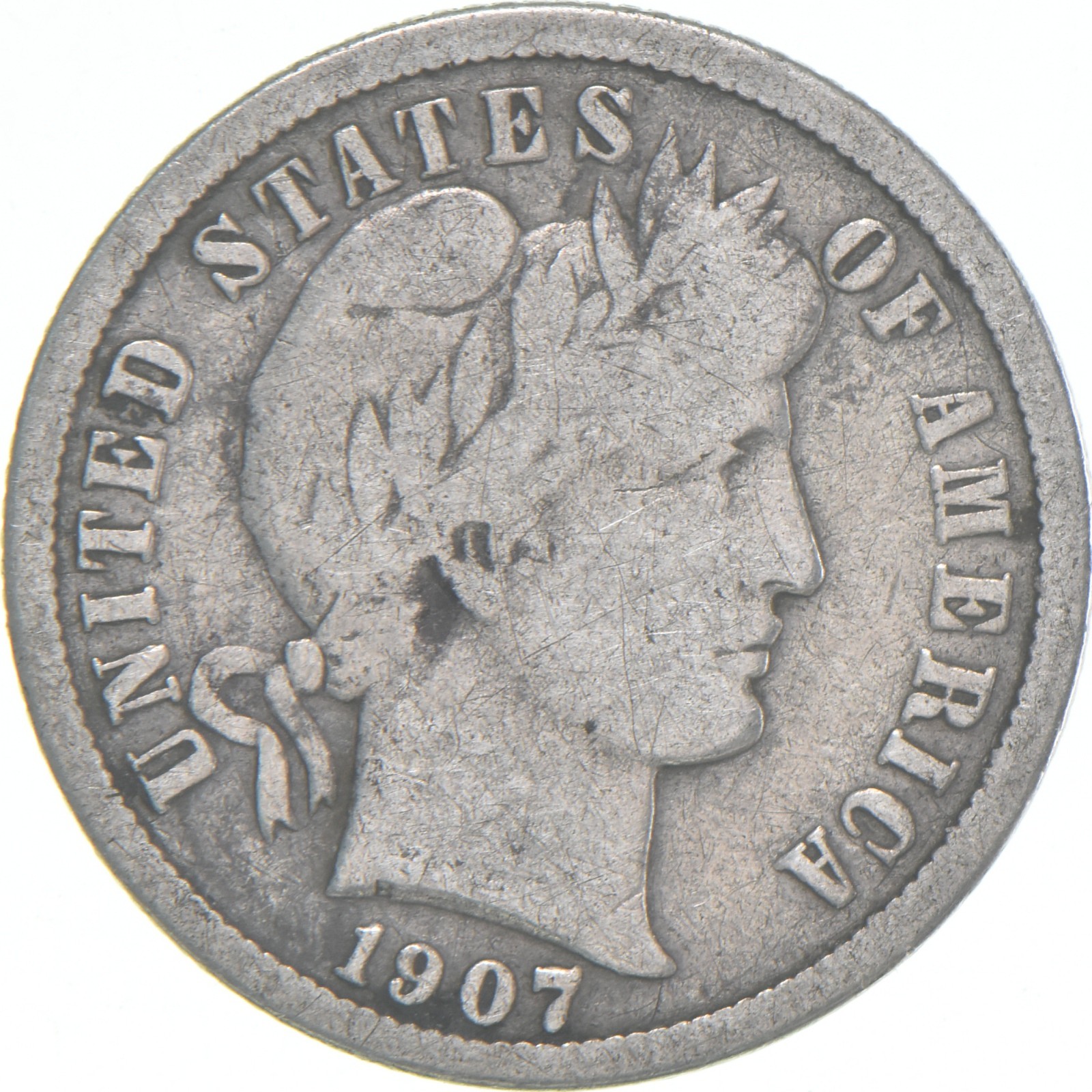 1907-D Barber Dime 90% Silver Average Circ