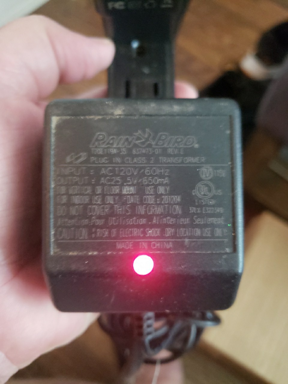 Rain Bird plug-in Class 2 transformer designed for indoor irrigation controllers