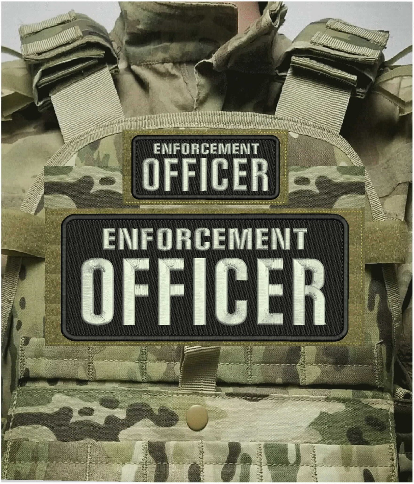 ENFORCEMENT OFFICER   PATCH 4X10 AND 2X5 HOOK ON BACK WHITE ON BLACK