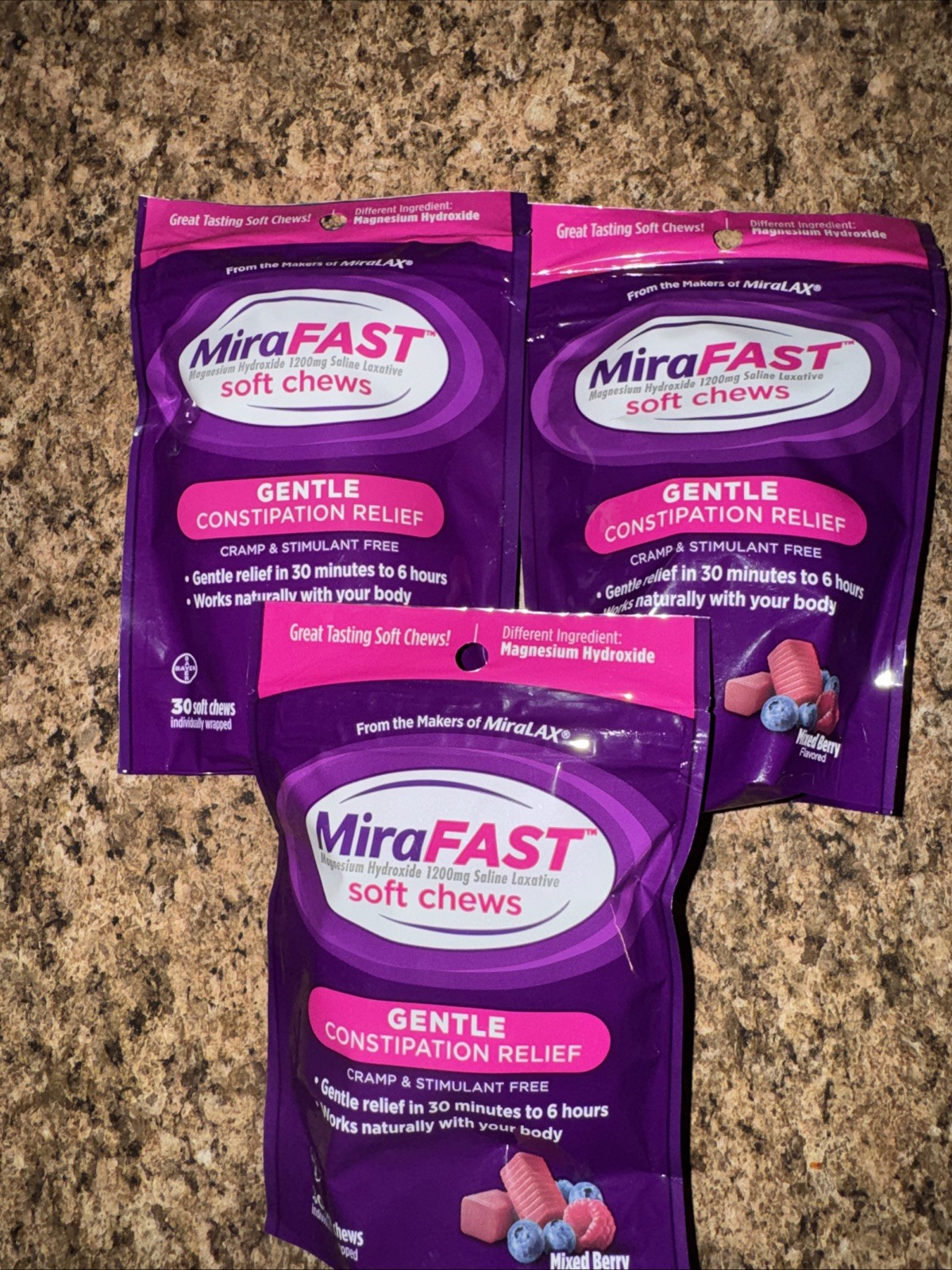 3PK MiraFAST Gentle Constipation Relief ~ 30 Softchews each ~ NEW & SEALED