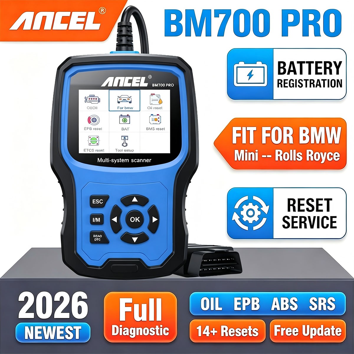 ANCEL BM700 PRO for BMW/Mini/RR Scanner Battery Registration OBD2 Diagnostic