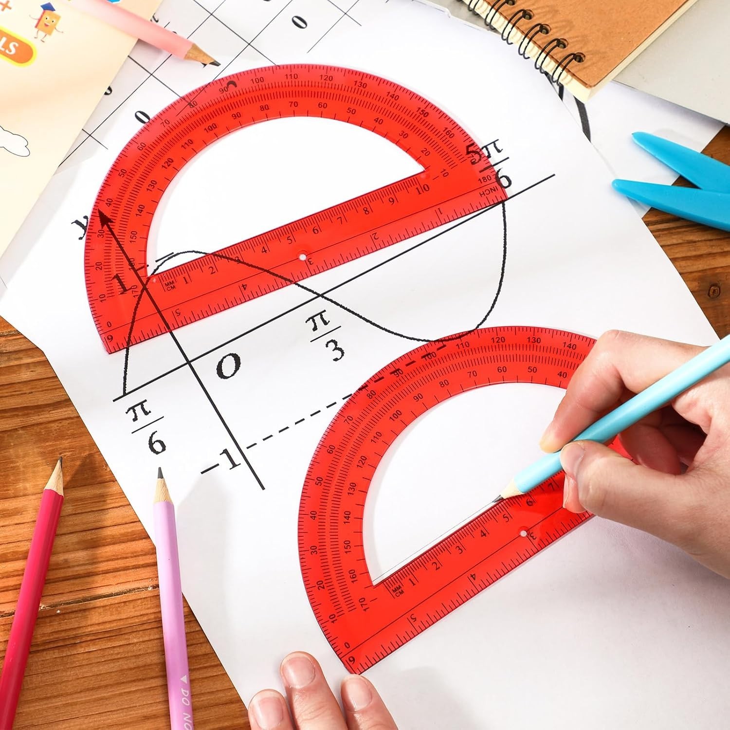 Durable Plastic Protractors, 180 Degrees, Ideal for School Supplies and Projects