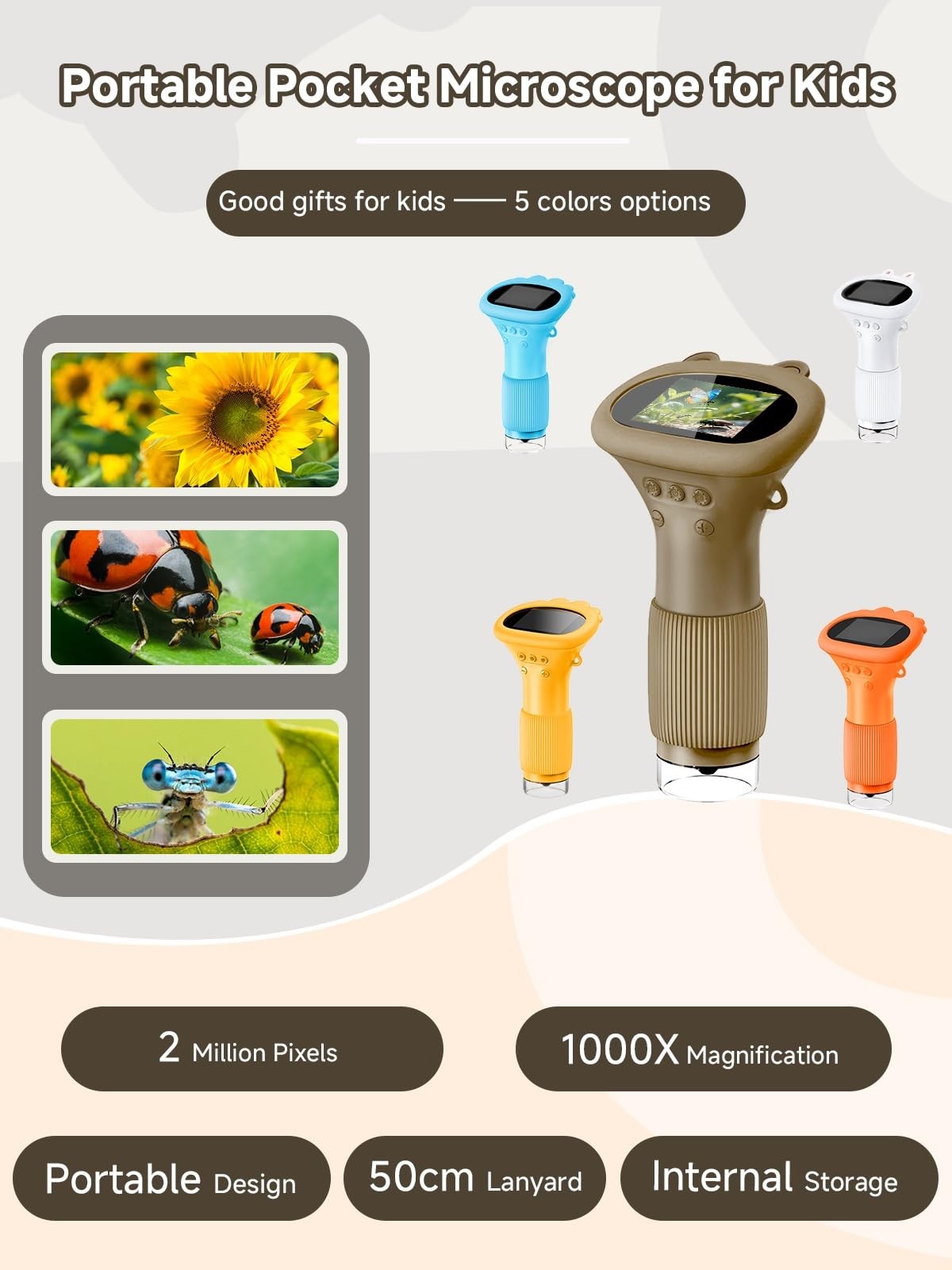 Acoath Microscope for Kids, 1000X Handheld Digital Miniscope with 2.0" Brown