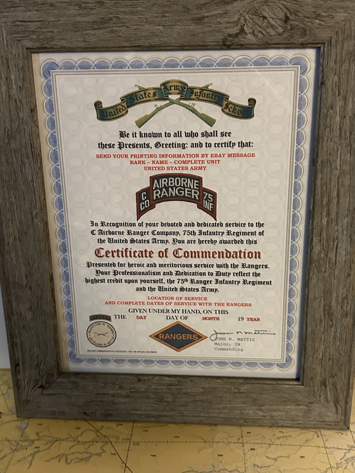 U.S. ARMY RANGER - C CO / 75 INFANTRY COMMENDATION CERTIFICATE (COMMEMORATIVE)
