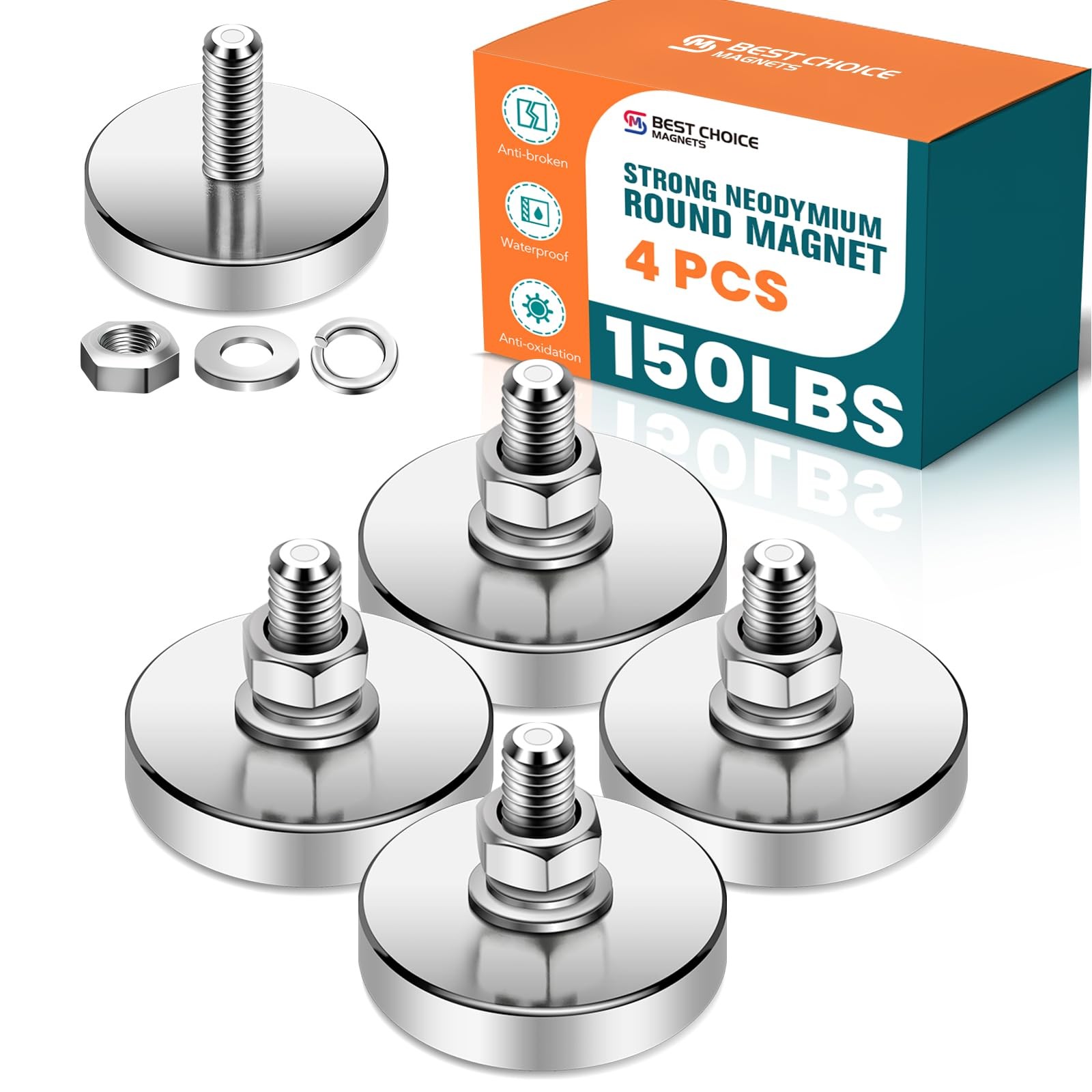 Super Strong Neodymium Round Magnet with M6 Male Thread Nuts Bolts 150 lb Cor...