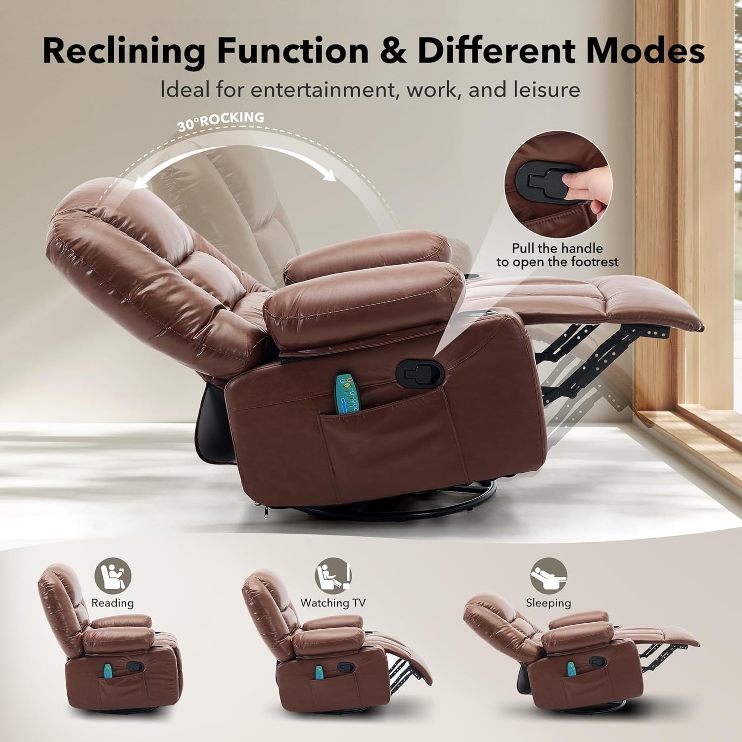 360° Rotating Recliner Chair Manual Recline, Heat & Vibration Massage, Brown
