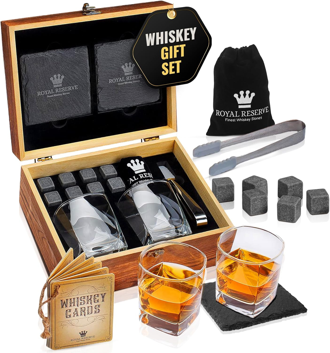 Whiskey Stones Gift Set for Men & Dad, Bourbon Glasses & Chilling Rocks | Includ