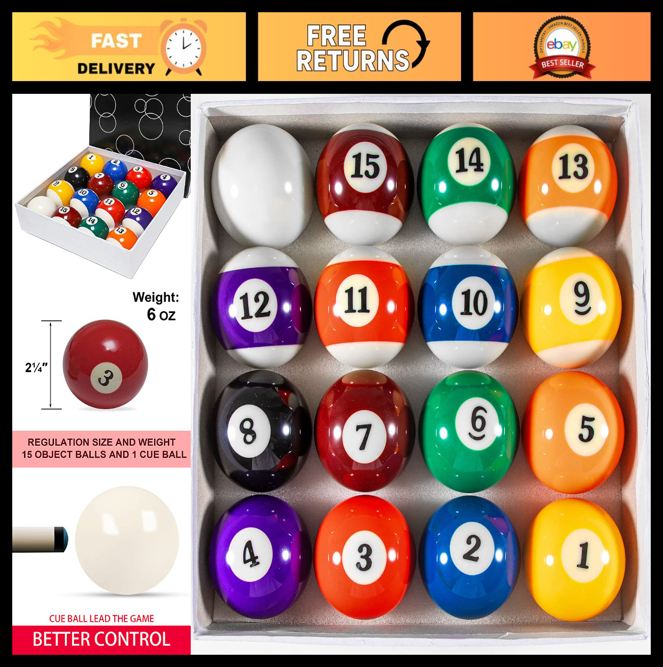 Regulation Size 2-1/4" Billiard Balls Set - 16 Resin Pool Table Replacement Ball
