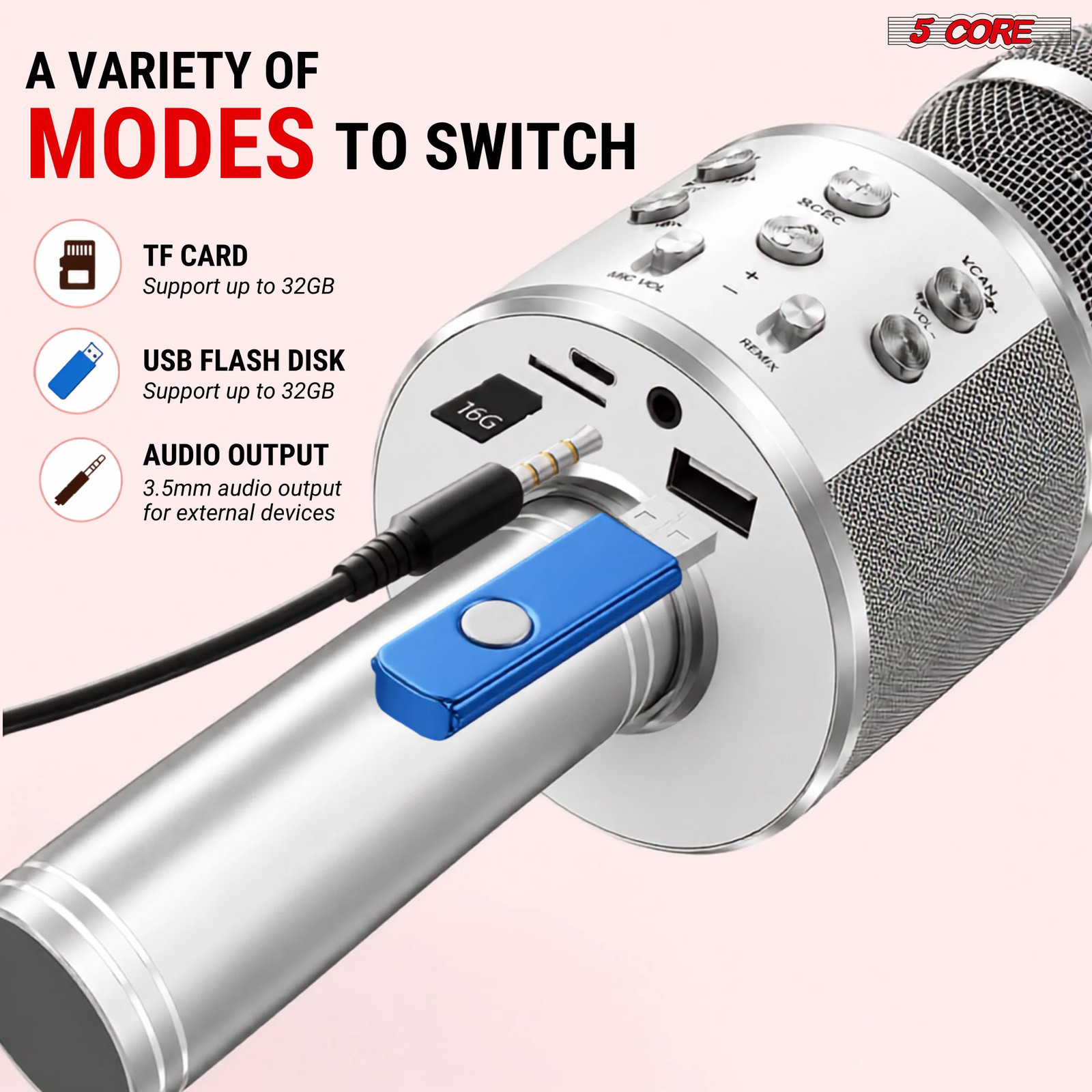 5 Core Microphone Wireless Karaoke Mic with Speaker Portable Bluetooth Microfono