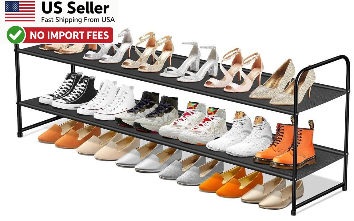 SLEEPING LAMB 2-Tier Long Shoe Organizer Stackable 18-Pairs Rack Black FROM USA