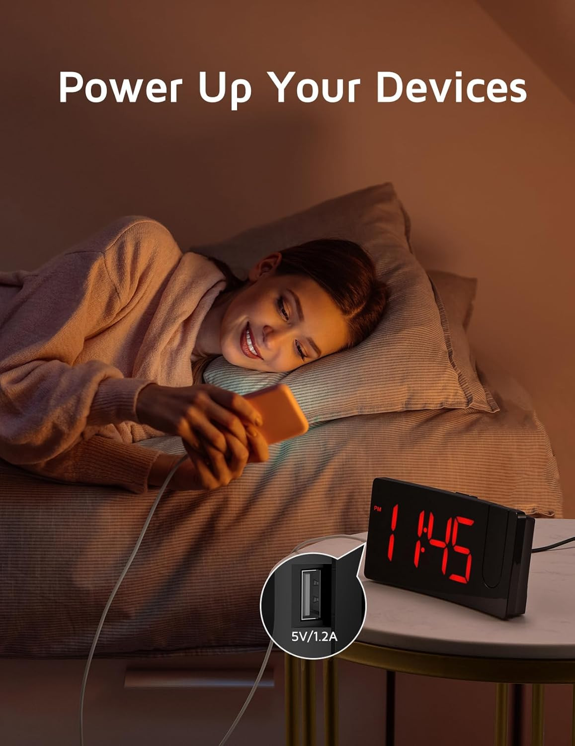 Projection Alarm Clock, Digital Clock with Modern Curved Design 180° Rotatable P