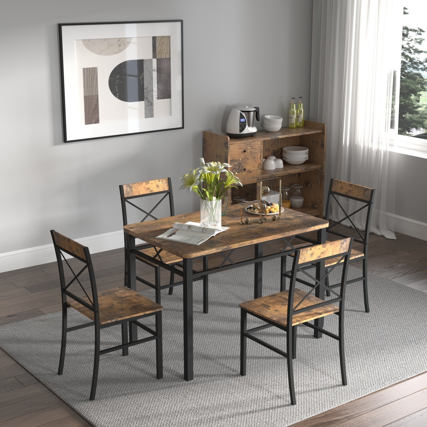 5 Piece Dining Table Set Rectangle Table and 4 Stool Kitchen Breakfast Furniture