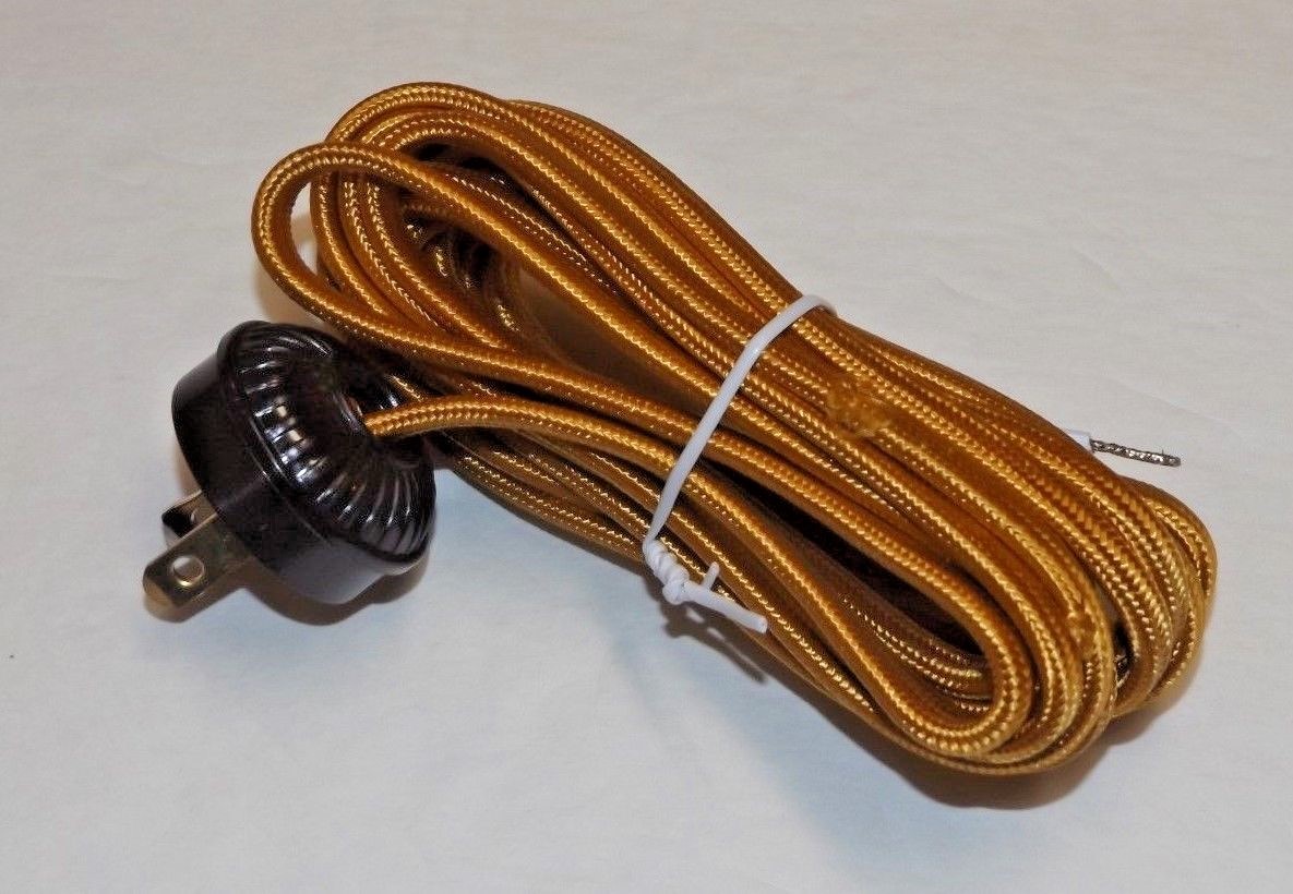 10 F00T GOLD RAYON LAMP CORD SET WITH ANTIQUE STYLE RIBBED PLUG NEW 46863JB