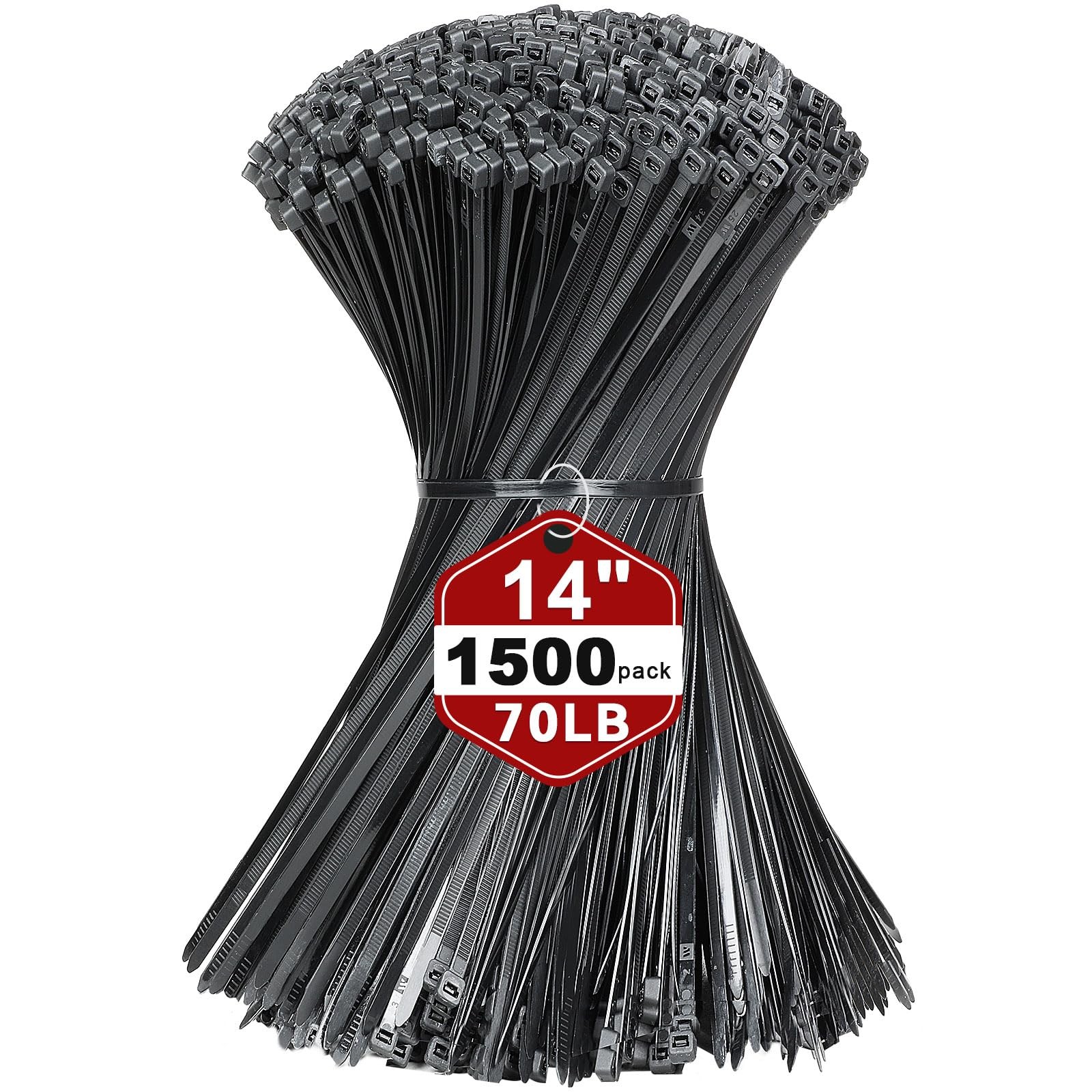 14 Inch Black Nylon Zip Ties, 1500 Pack Self-Locking 70lb Tensile