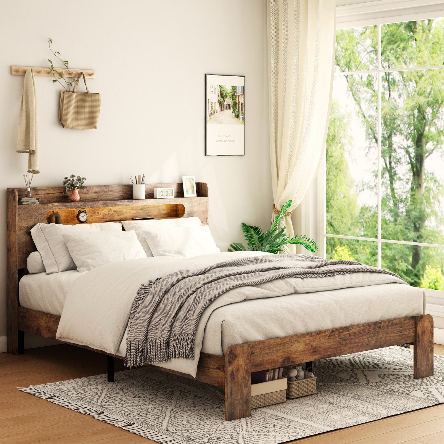 Full/Queen/King Size Bed Frame Wood Platform Bed w/ LED Light & USB Ports Brown